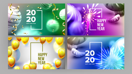 Celebrating Happy New Year Invite Banner Vector. Colorful Glossy Drops, Balls, Shapes And Words With Frame Decorated Fireworks On New Year Greeting-card Annonce. Horizontal Poster 3d Illustration