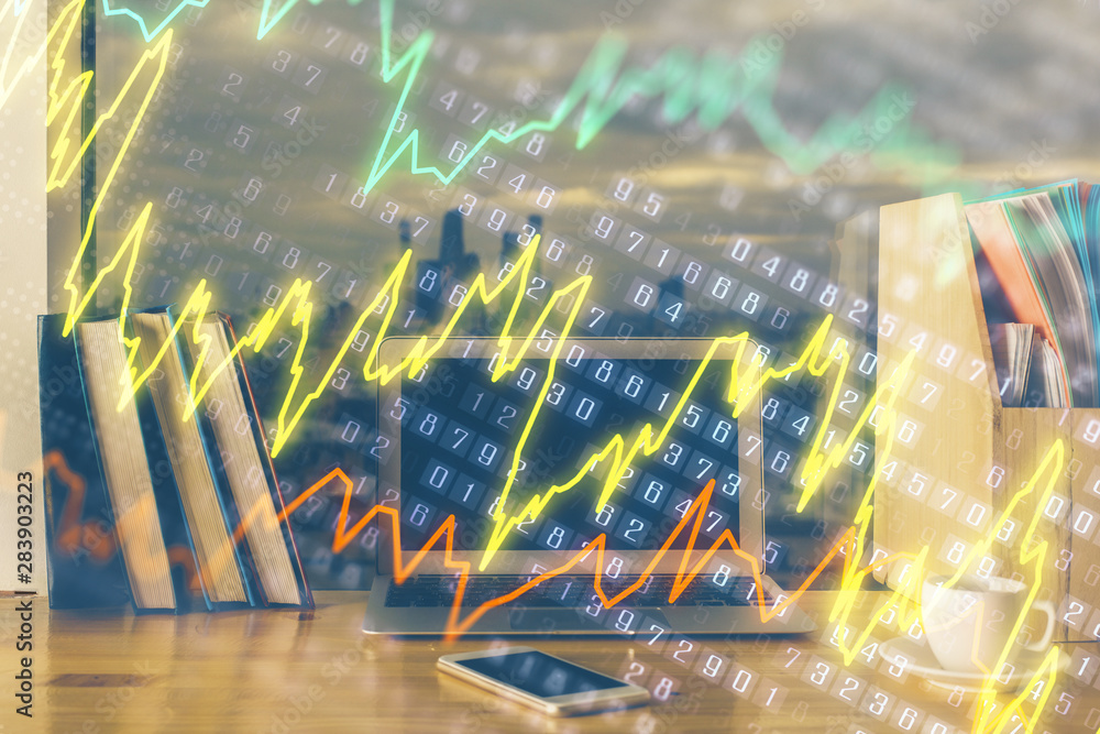 Poster stock market graph and table with computer background. multi exposure. concept of financial analysis