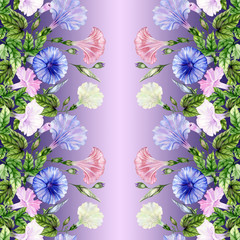 Fototapeta na wymiar Beautiful ipomoea (morning-glory, ropewing, ipomoea violacea) flowers with green leaves on gradient background. Seamless floral pattern, border. Watercolor painting. Hand painted illustration.