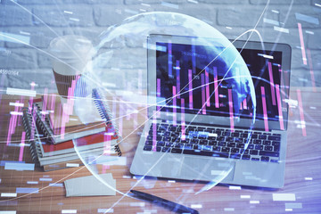 Multi exposure of forex chart and work space with computer. Concept of international online trading.