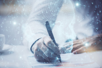 Man with multi exposure brain theme icons.