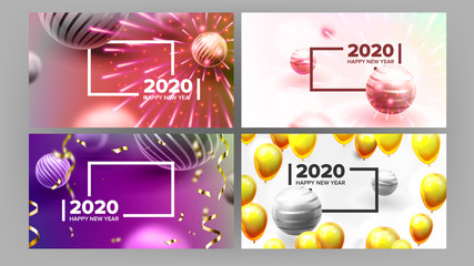 Beautiful Invitation Card Celebrating 2020 . Realistic Bright Fireworks, Sphere And White 2020 Two Thousand Twenty Frame Invite On Party. Stylish Colorful Horizontal Postcard 3d Illustration