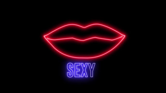 Neon woman lips and text "SEXY". Erotic object with glowing led light.