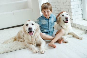 A child with a dog. Little boy with a dog at home. 