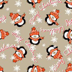Christmas happy  baby penguin  seamless pattern with merry Christmas text and snowflakes