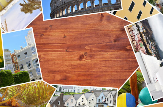 Collage with travel images on wooden background, travel concept background