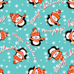 Christmas happy  baby penguin  seamless pattern with merry Christmas text and snowflakes
