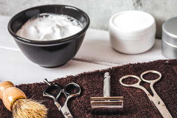 Mens hairdressing wooden desktop with tools