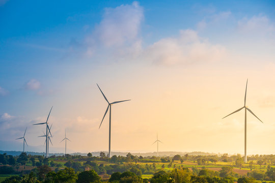 Green energy concept, eco power. Wind turbine located along the hill with the wind blowing all the time. Can produce renewable energy as well. Considered a clean energy.