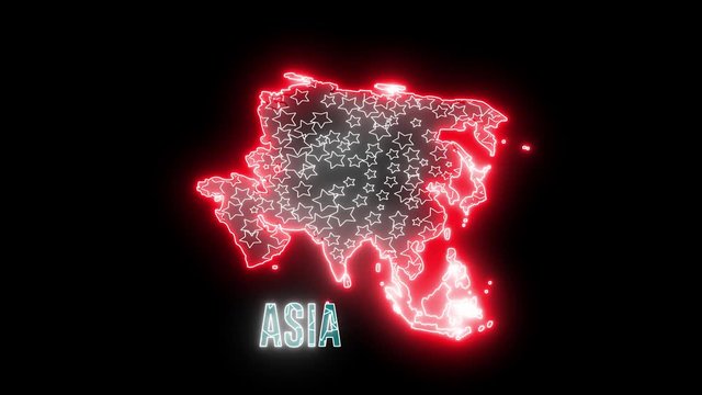 neon map of Asia continent. Shiny, glow light outline of Asian geography. 