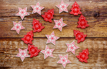 Christmas wooden background decorated with Christmas tree toys