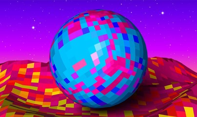 Abstract landscape with neon mountains and ball