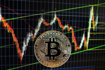 Binary options chart, trading statistics. Bitcoin and cryptocurrency investing. Concept with bitcoins and candle graph on background.