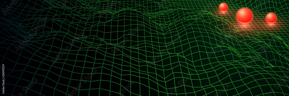 Poster Landscape with wireframe grid of 80s styled retro computer game