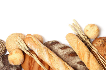 set of different type of bread on a white background top view.