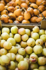 Organic healthy fruits in market stall for sale