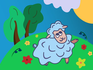 cute little sheep enjoys the sun, flowers, trees