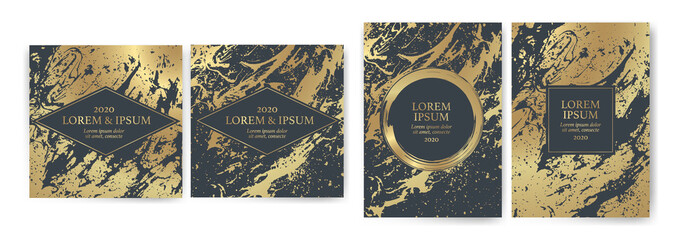 Set of design templates with golden texture, marble effect. Golden and grey background with luxury look.