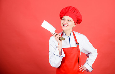 Stainless steel. Be careful while cut. Woman chef hold sharp knife. Chop food like pro. Knife...