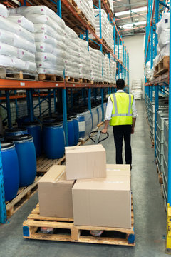 Male staff using pallet jack in warehouse