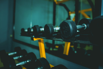 Fototapeta premium Close up many black dumbbells set on the rack in sport fitness center with the backdrop of the sun or sun light.