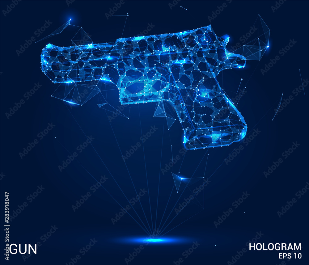 Wall mural hologram gun. pistol of polygons, triangles of points and lines. weapons lowpoly connection structur