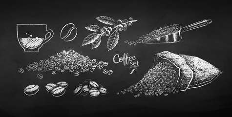 Chalk drawn set of illustrations of coffee beans - obrazy, fototapety, plakaty