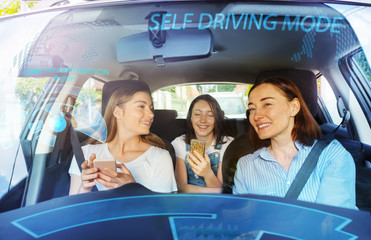 Family happy in self driving car without a wheel