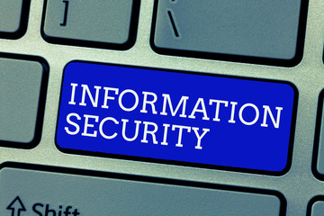 Conceptual hand writing showing Information Security. Business photo showcasing INFOSEC Preventing...