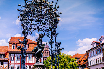 Center of Göttingen Old Town. The market square with the landmark Gänseliesel fountain. Göttingen is one of the oldest university city in Germany