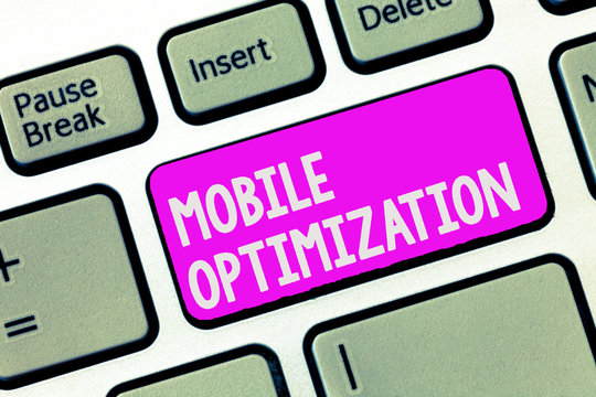 Writing note showing Mobile Optimization. Business photo showcasing Site Content Reformatted for Handheld or Tablet Devices.