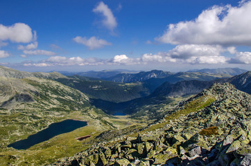 Mountain landscape and glacial Bucura lake in Retezat National Park, Carpathian Mountains, Romania