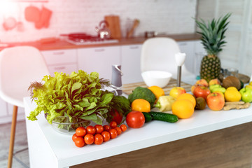 Fresh vegetables for salad on a kitchen table. Concept healthy food background. Vegetarian food.