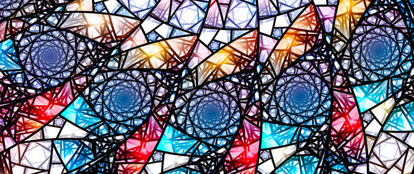 Colorful glowing stained glass, computer generated abstract background 8k widescreen