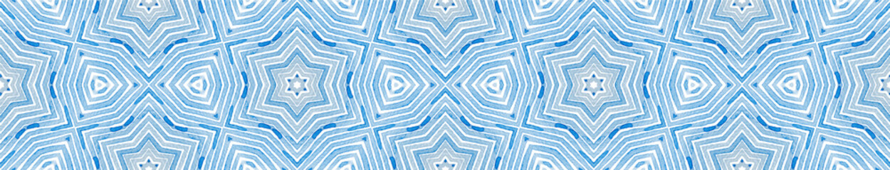 Blue Seamless Border Scroll. Geometric Watercolor 