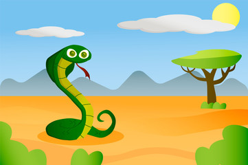 African animal snake in cartoon style on africa background