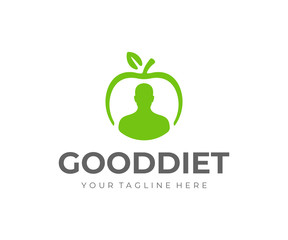 Healthy lifestyle logo design. Weight loss diet vector design. Man and apple fruit logotype