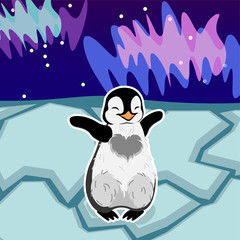 cute baby hugging penguin on aurora polaris and stars arctic background, winter night and holidays, cartoon drawn smile animal, editable vector illustration 