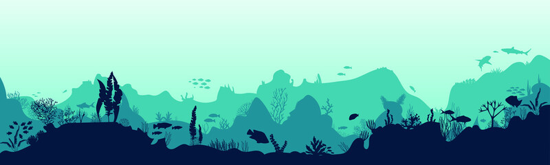 Silhouette of fish and algae on the background of reefs. Underwater ocean scene. Deep blue water, coral reef and underwater plants. a beautiful underwater scene  a vector seascape with reef.