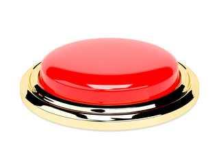 Red push button with golden frame. Shiny 3d element. 3d rendering illustration