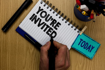Writing note showing You re are Invited. Business photo showcasing Please join us in our...