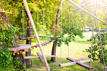 Fototapeta premium Forest rope park for kids suspended on the trees
