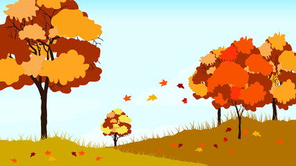 Autumn background with trees, leaves and hills. Seamless pattern. Vector. Yellow, red, green leaves. Season of the year. Sunny weather. Autumn leaf fall. Cartoon style.