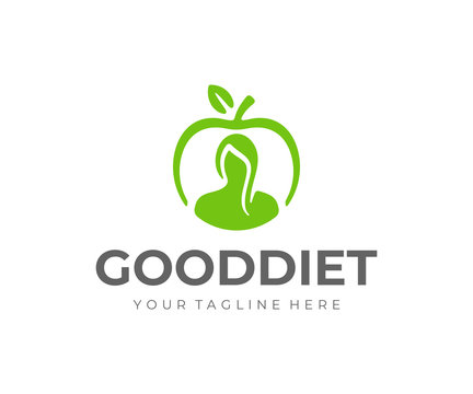 Healthy lifestyle logo design. Weight loss diet vector design. Woman and apple fruit logotype