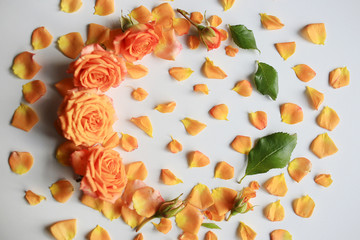 Background with orange roses and petals