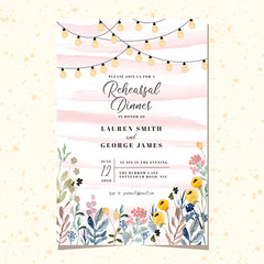 rehearsal dinner invitation with string light and floral garden watercolor - obrazy, fototapety, plakaty