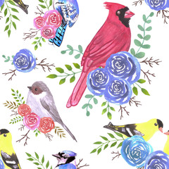 Obraz premium Cardinals, bushtits, blue jays and goldfinches on rose blossoms