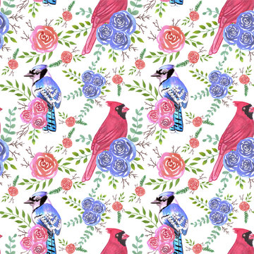 Cardinals and bluejays on rose blossoms- Seamless birds watercolor background