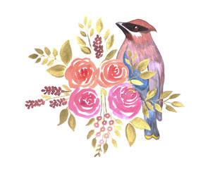Watercolor Flowers and cedar waxwing bird 