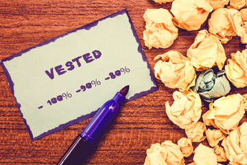 Conceptual hand writing showing Vested 100 90 80. Business photo showcasing Eligible for Retirement Benefit based on years of Service.